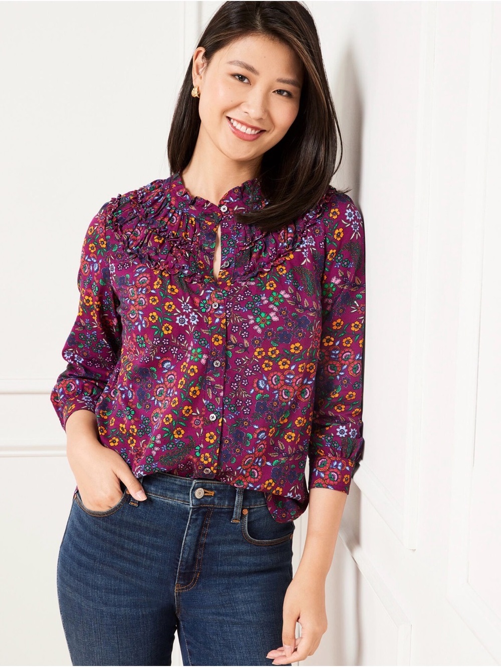 Womens Purple Floral Ruffle-Neck Button Front Blouse